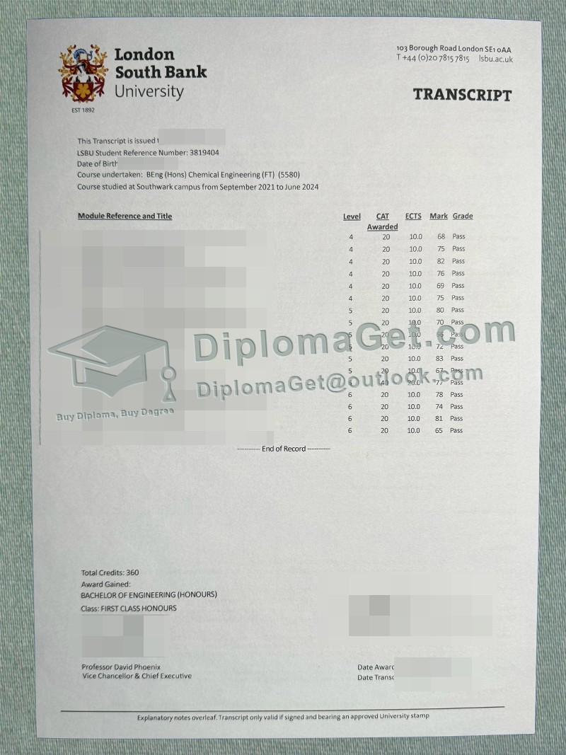 伦敦南岸大学成绩单, London South Bank University Transcript 伦敦南岸大学成绩单, London South Bank University Transcript