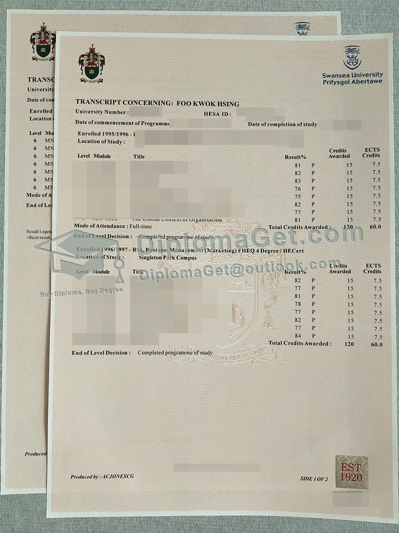 斯旺西大学成绩单, Swansea University Transcript 斯旺西大学成绩单, Swansea University Transcript