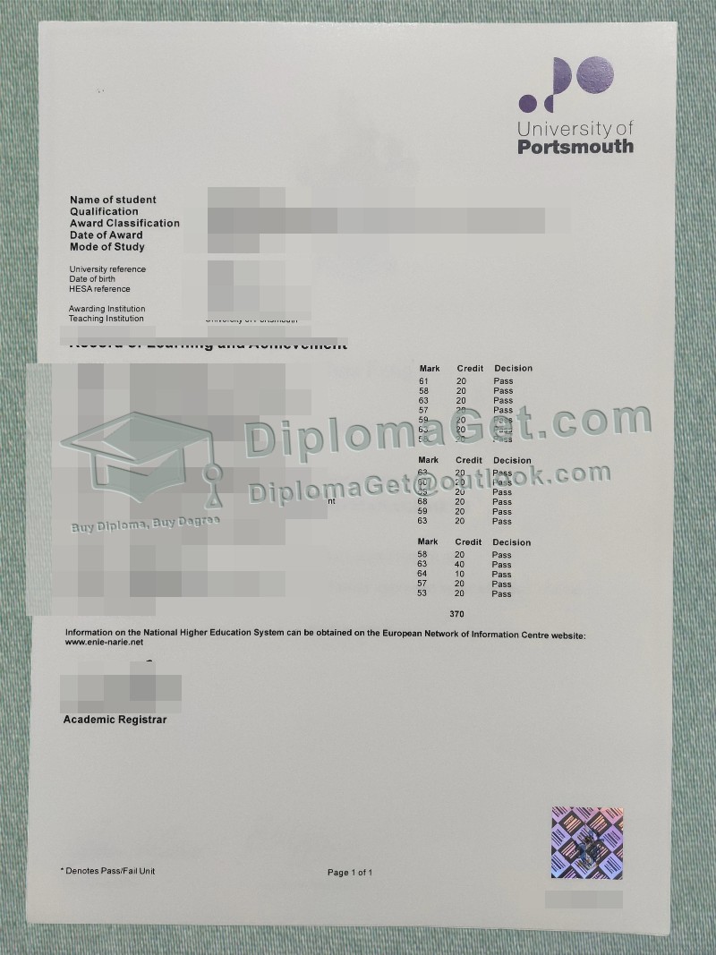 朴茨茅斯大学成绩单, University of Portsmouth Transcript 朴茨茅斯大学成绩单, University of Portsmouth Transcript