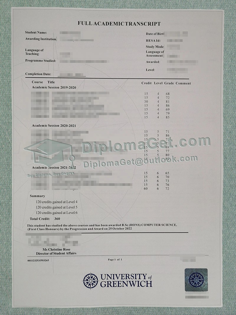 格林威治大学成绩单 University of Greenwich Transcript 格林威治大学成绩单 University of Greenwich Transcript