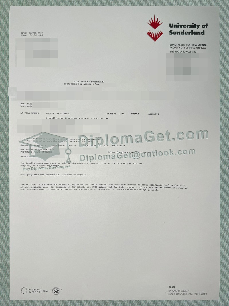 桑德兰大学成绩单, University of Sunderland Transcript 桑德兰大学成绩单, University of Sunderland Transcript