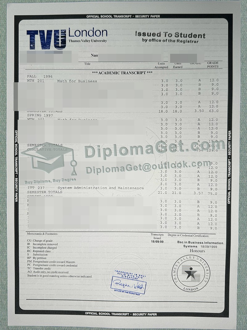 泰晤士河谷大学成绩单, Thames Valley University Transcript 泰晤士河谷大学成绩单, Thames Valley University Transcript