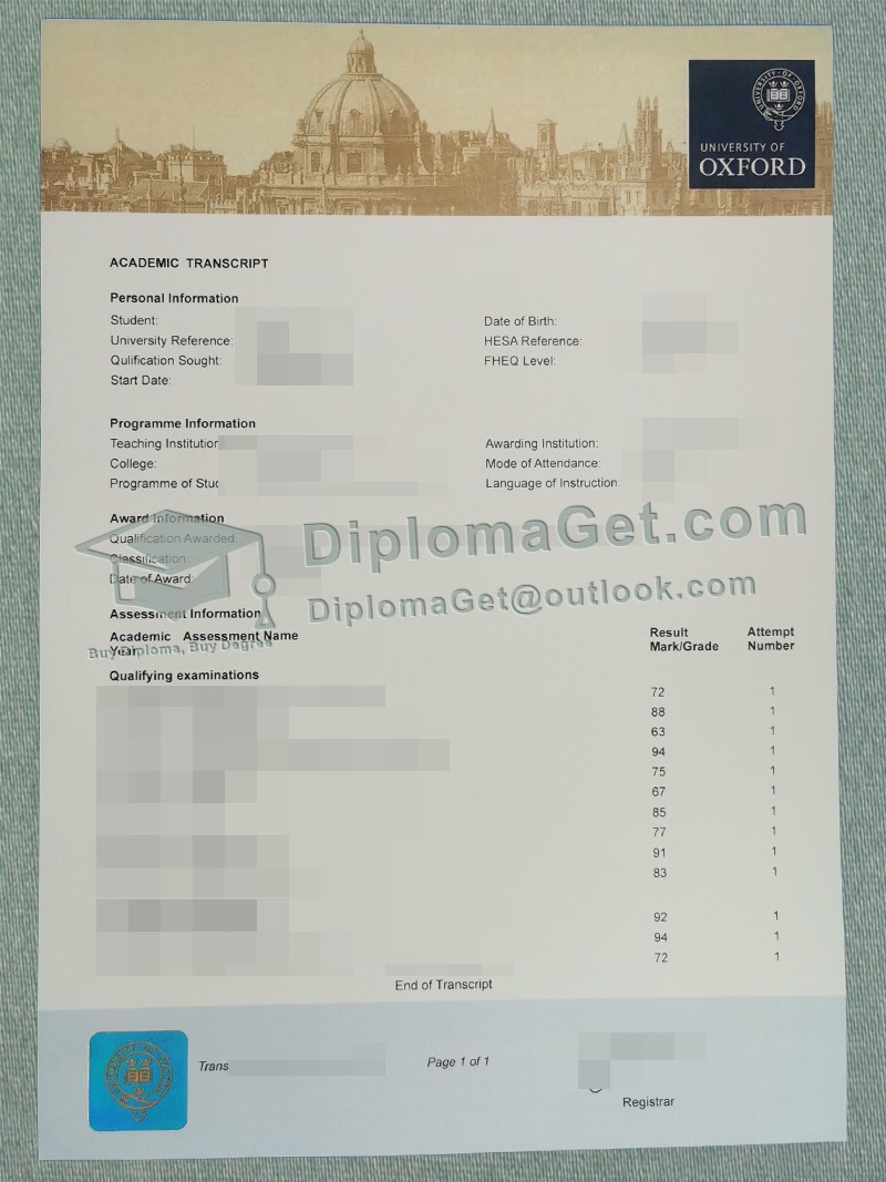 牛津大学成绩单, University of Oxford Transcript 牛津大学成绩单, University of Oxford Transcript