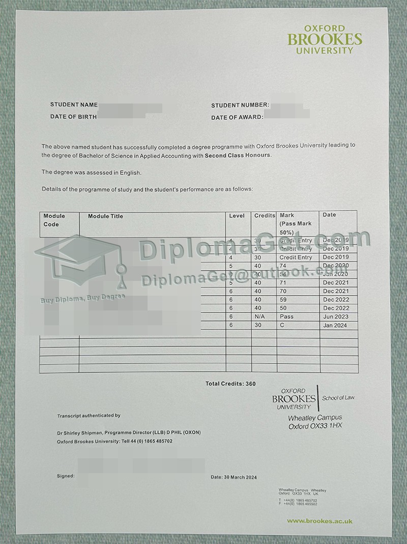 牛津布鲁克斯大学成绩单, Oxford Brookes University Transcript 牛津布鲁克斯大学成绩单, Oxford Brookes University Transcript