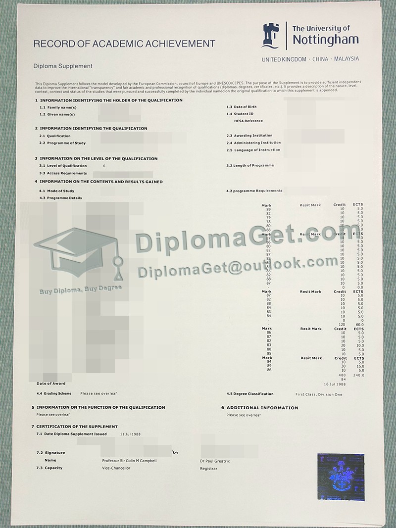 诺丁汉大学成绩单, University of Nottingham Transcript 诺丁汉大学成绩单, University of Nottingham Transcript