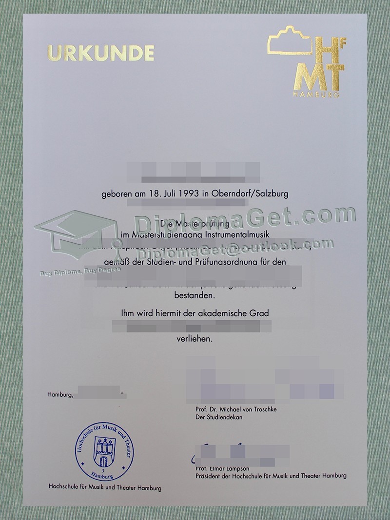汉堡音乐与戏剧大学证书, HfMT Hamburg Urkunde 汉堡音乐与戏剧大学证书, HfMT Hamburg Urkunde