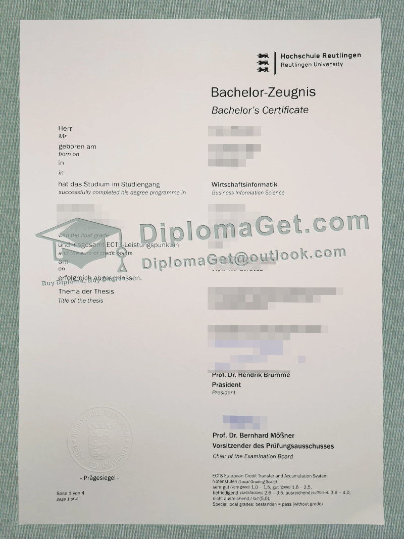 罗伊特林根应用科技大学证书, Hochschule Reutlingen Urkunde 罗伊特林根应用科技大学证书, Hochschule Reutlingen Urkunde