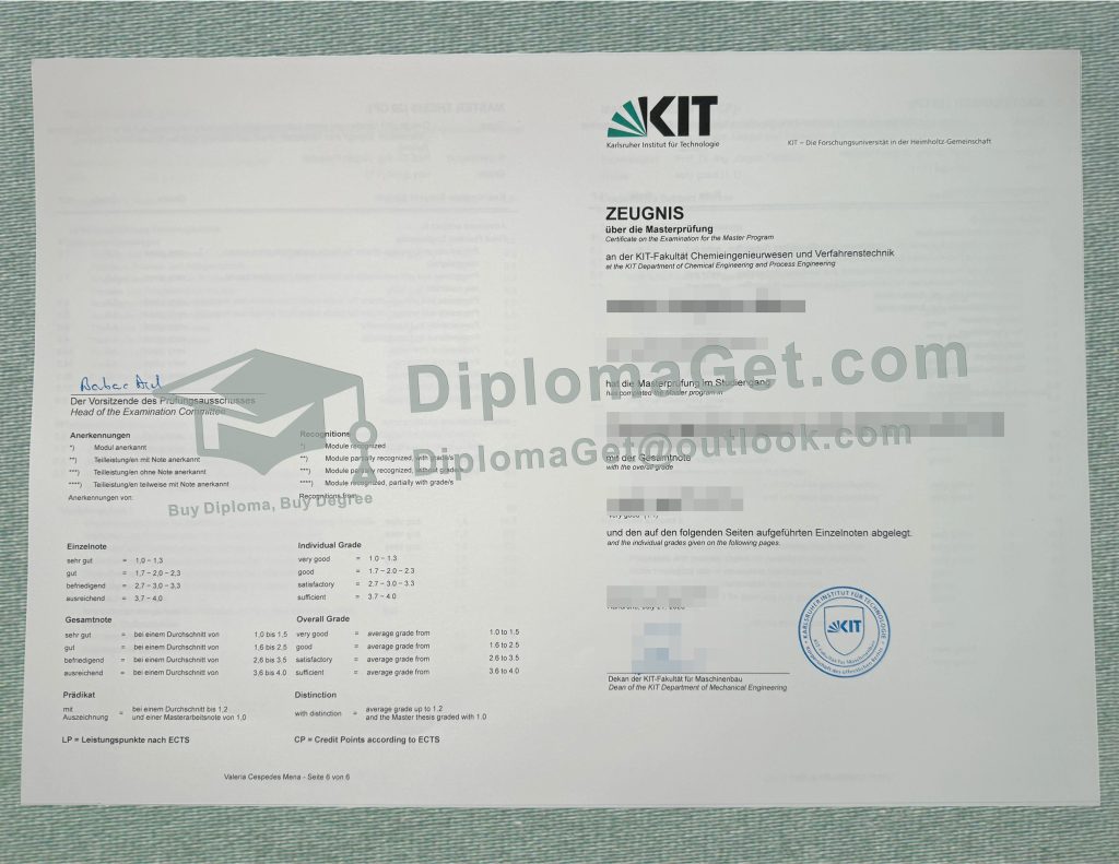 卡尔斯鲁厄理工学院成绩单, Karlsruhe Institute of Technology Zeugnis 卡尔斯鲁厄理工学院成绩单, Karlsruhe Institute of Technology Zeugnis