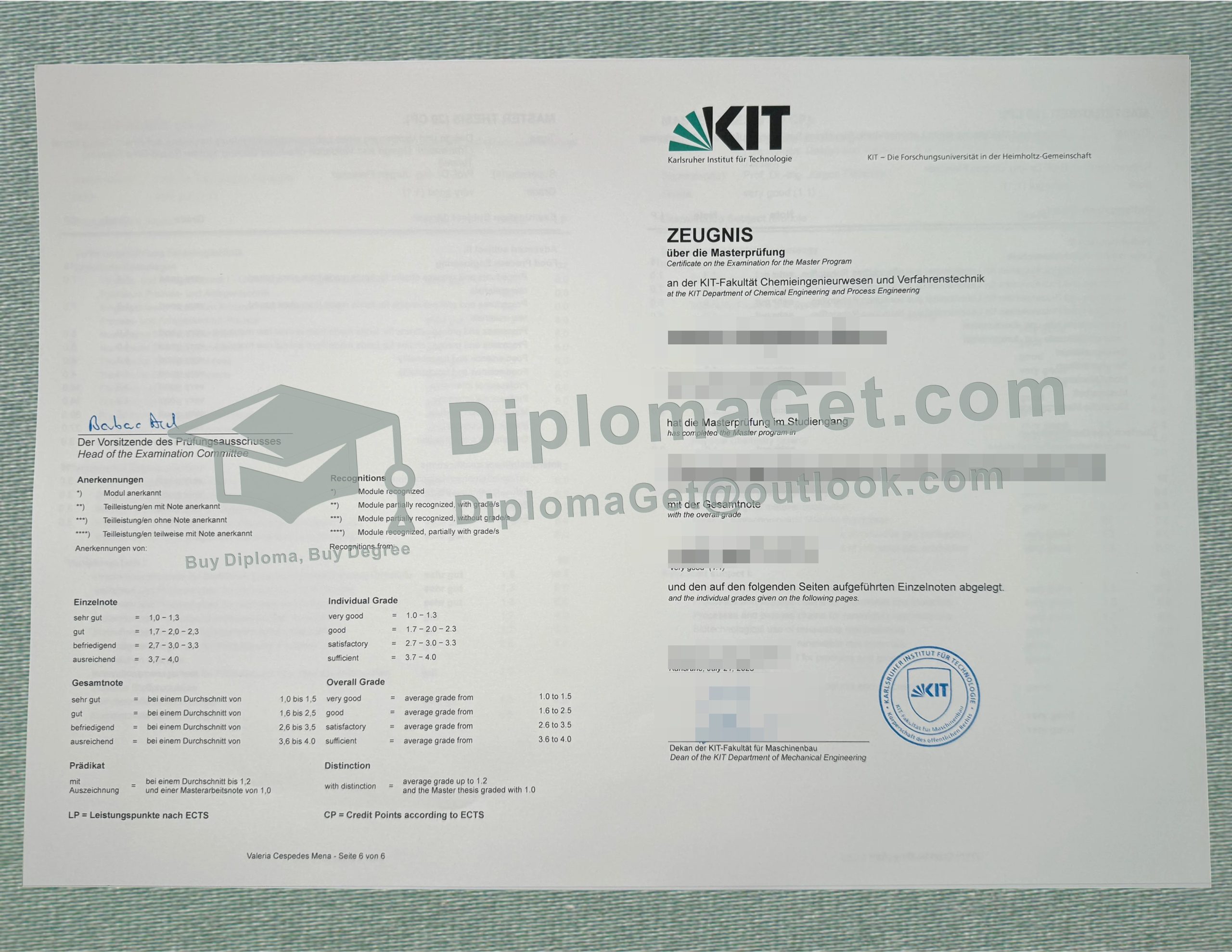 卡尔斯鲁厄理工学院成绩单, Karlsruhe Institute of Technology Zeugnis