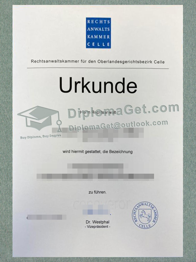 策勒律师协会证书, Rechtsanwaltskammer Celle Urkunde 策勒律师协会证书, Rechtsanwaltskammer Celle Urkunde