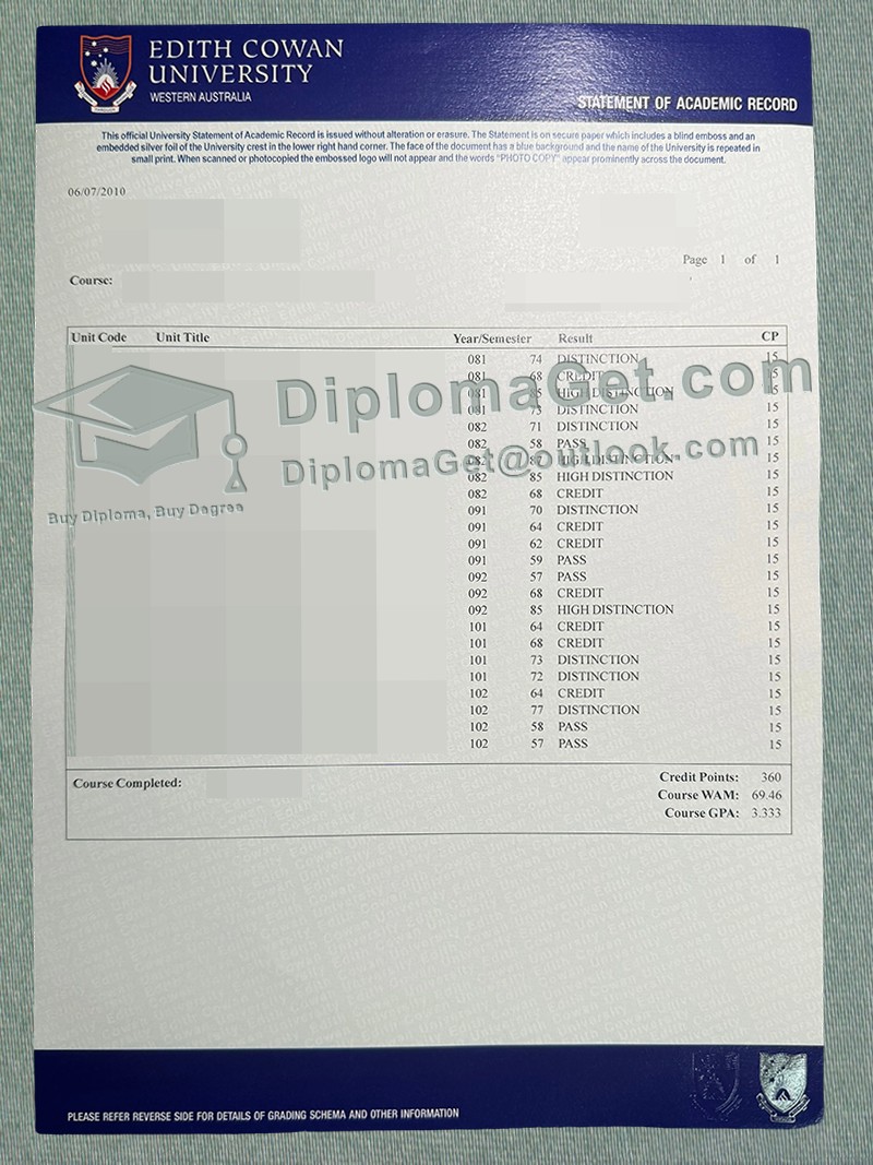 伊迪丝·科万大学成绩单, Edith Cowan University Transcript 伊迪丝·科万大学成绩单, Edith Cowan University Transcript