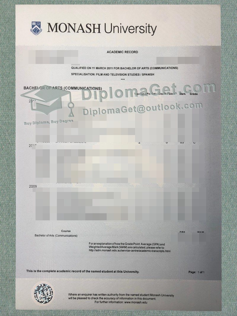 莫纳什大学成绩单, Monash University Transcript 莫纳什大学成绩单, Monash University Transcript