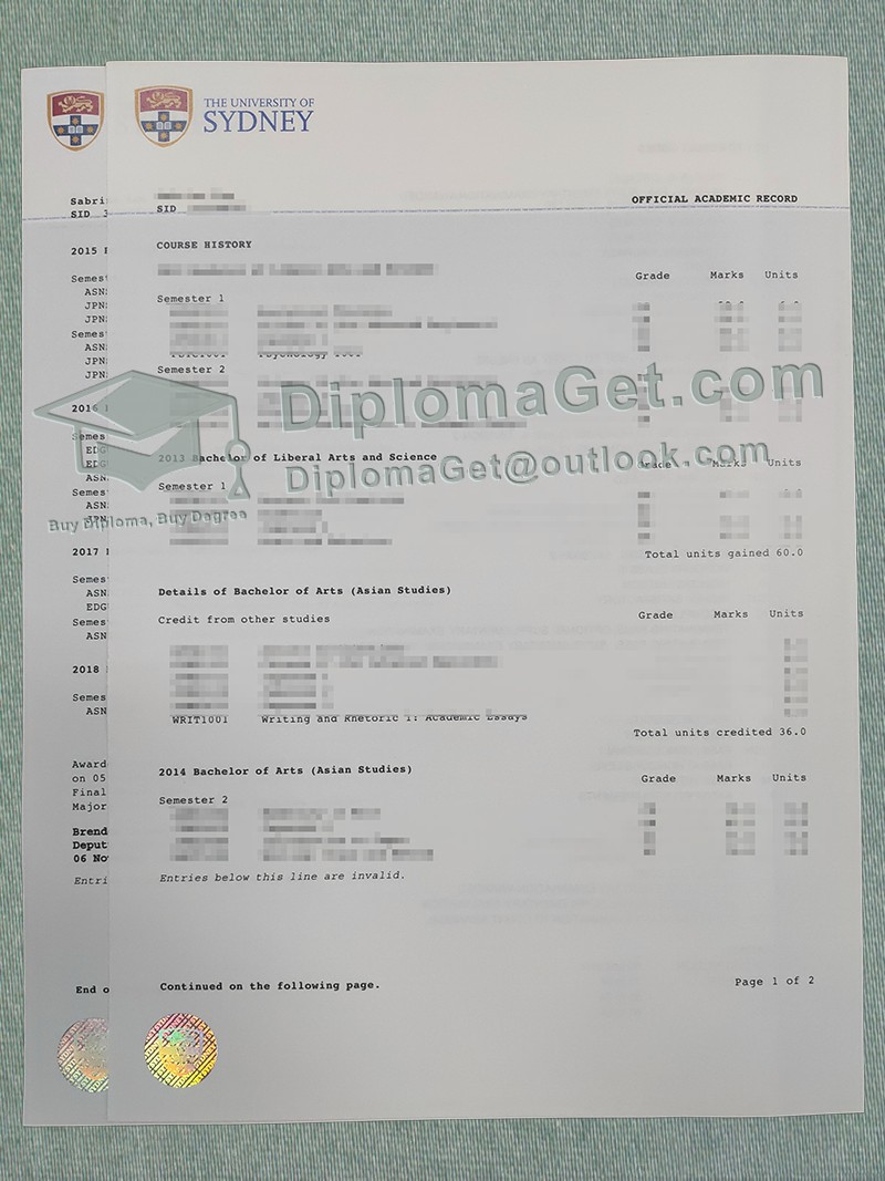悉尼大学成绩单, University of Sydney Transcript 悉尼大学成绩单, University of Sydney Transcript
