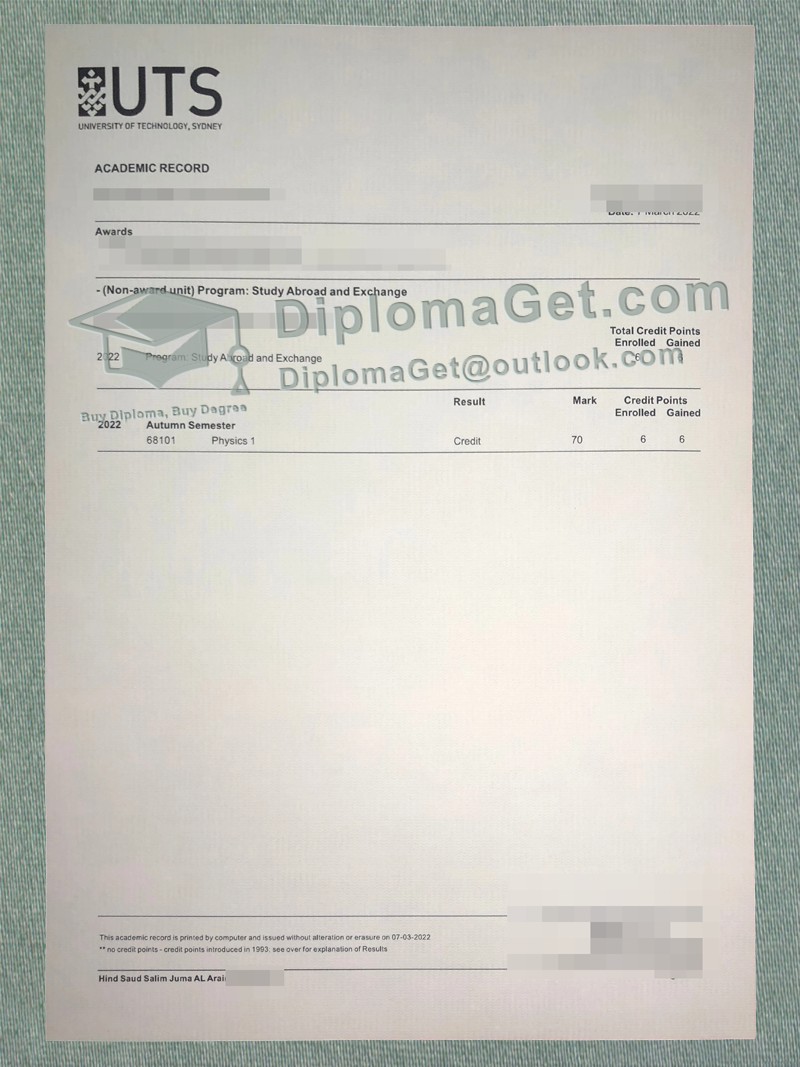 悉尼科技大学成绩单, University of Technology Sydney transcript 悉尼科技大学成绩单, University of Technology Sydney transcript