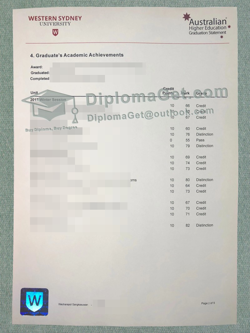 西悉尼大学成绩单, Western Sydney University transcript 西悉尼大学成绩单, Western Sydney University transcript